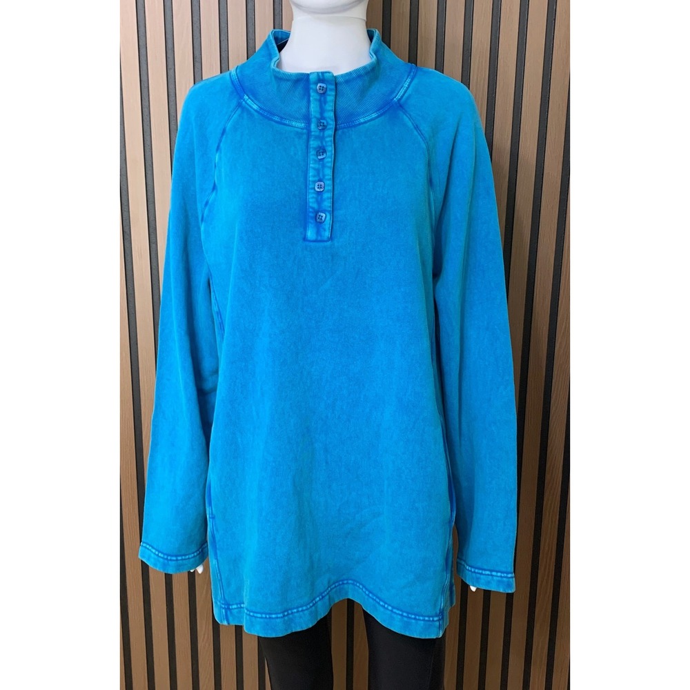 Coldwater Creek Blue Mineral Wash Henley Tunic Sweatshirt Mock Neck L Lagenlook